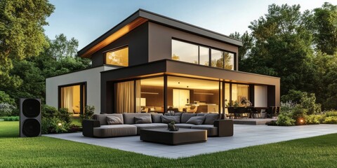 Modern two-story house with garden, concrete walls, wood panel roof, large windows, and well-manicured garden in serene atmosphere