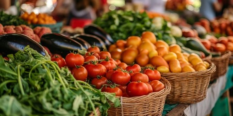Vibrant Market Stall Displaying Fresh Produce with Ripe Tomatoes, Leafy Greens, and Eggplants in an Aesthetic Arrangement