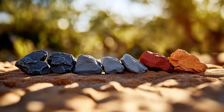 Peaceful and Serene: Five Colorful Rocks in a Row on Sandy Surface in Sunlit Outdoor Setting with Blurred Background