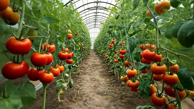 Rows of ripe red and yellow tomatoes growing on green vines inside a greenhouse with a clear arched roof. Concept: sustainable farming and agriculture

