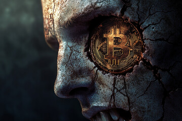 Symbol of cryptocurrency emerges from a cracked human face in a surreal depiction