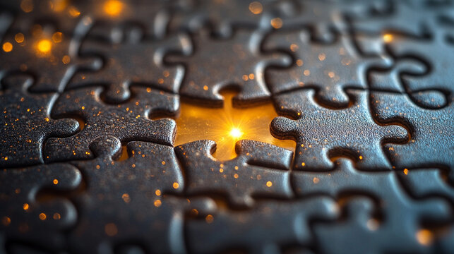 missing jigsaw puzzle piece in a glowing white space symbolizes clarity, potential, solutions, and connections. The bright light emphasizes discovery, completeness, and hidden opportunities