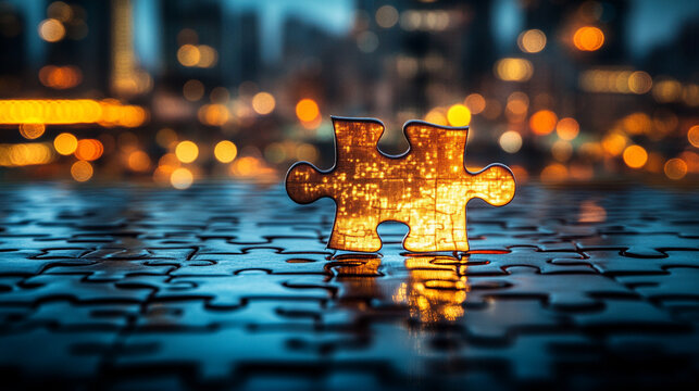 missing jigsaw puzzle piece in a glowing white space symbolizes clarity, potential, solutions, and connections. The bright light emphasizes discovery, completeness, and hidden opportunities
