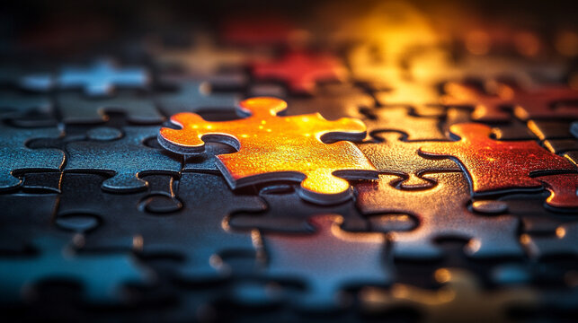 missing jigsaw puzzle piece in a glowing white space symbolizes clarity, potential, solutions, and connections. The bright light emphasizes discovery, completeness, and hidden opportunities