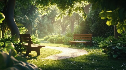 A serene park with a bench basking in the sunlight, surrounded by lush greenery and a well-maintained garden path