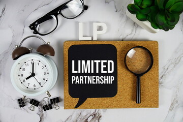 LP - Limited Partnership acronym with alarm clock and magnifying glass, Business concept background