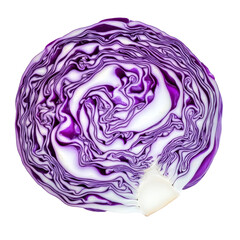 Freshly sliced purple cabbage on a transparent background showcasing vibrant colors and intricate textures, slice fresh purple cabbage isolated on transparent background