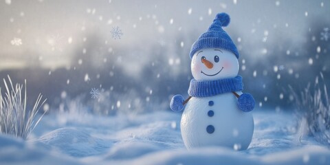 Fototapeta premium A smiling snowman dressed in a blue knitted hat and scarf, surrounded by soft snowflakes and a serene snowy landscape, creating a heartwarming winter scene. 