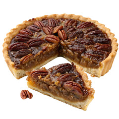 Whole pecan pie with a slice removed, showcasing its rich filling and pecan topping, isolated on a transparent background, concept of desserts