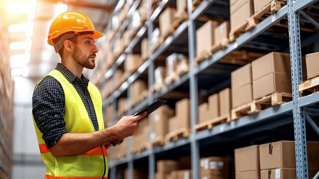 Warehouse worker performing stock count checking inventory against a list with cardboard boxes on shelves
