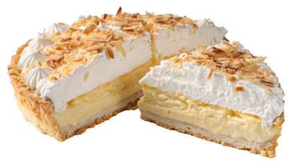 Coconut cream pie with whipped topping, toasted coconut flakes, and flaky crust on a transparent background. Concept of dessert