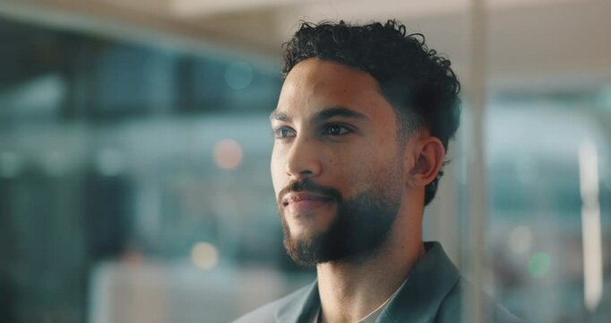 Future, idea and vision with business man at window in office for inspiration or job opportunity. Mindset, planning and thinking with professional employee in corporate workplace for company growth