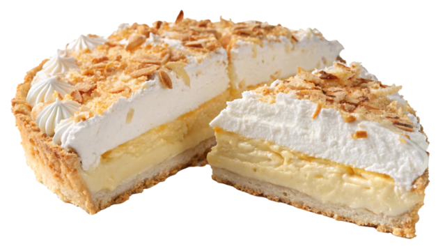 Coconut cream pie with whipped topping, toasted coconut flakes, and flaky crust on a transparent background. Concept of dessert