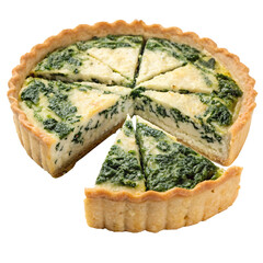 Spinach and ricotta quiche, sliced into portions, on transparent background. Concept of savory pastry and gourmet food