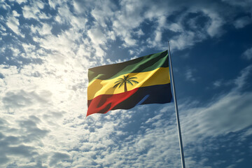 Rasta Flag with Palm Tree Waving in the Sky Reggae and Freedom Symbol