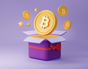 3D large Bitcoin coin pops out of a gift box surrounded by smaller coins and stars