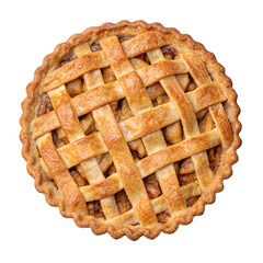 A delicious homemade apple pie with a golden lattice crust, baked to perfection, placed on a transparent background, concept of desserts