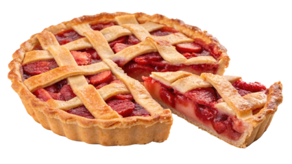 Freshly baked strawberry pie with golden lattice crust, juicy fruit filling, and a slice cut out, isolated on a transparent background