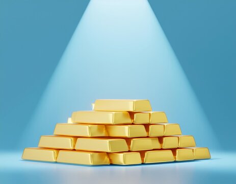 3D pyramid of gleaming gold bars sits under a spotlight