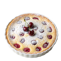 Cherry dessert with powdered sugar topping in a white dish, isolated on transparent background. Concept of homemade baking