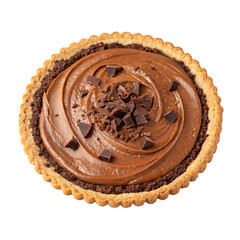 Chocolate tart with smooth creamy filling, topped with chocolate shavings, on a transparent background. Concept of dessert and indulgence