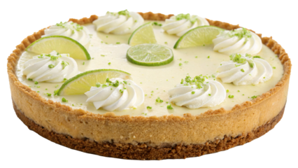 Delicious key lime pie topped with whipped cream, lime slices, and zest, on transparent background. Concept of dessert and baking