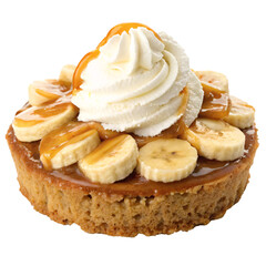 Close-up of a banana caramel tart topped with whipped cream and caramel sauce. Isolated on a transparent background. Dessert concept