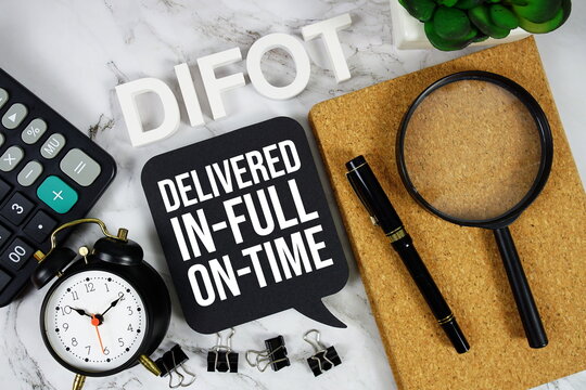 DIFOT - Delivered In-Full, On-Time acronym with calculator, alarm clock and magnifying glass, Business and Financial concept background