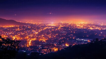 Fototapeta premium A nighttime cityscape illuminated by city lights and a twilight sky.