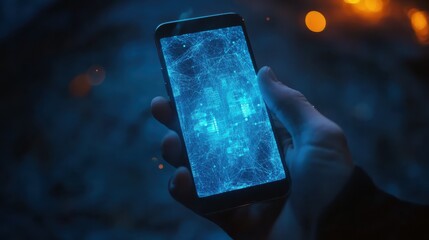 Hand holding smartphone displaying futuristic holographic interface with digital data and glowing network connections