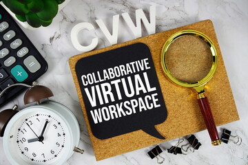 CVW - Collaborative Virtual Workspace acronym with calculator, alarm clock and magnifying glass, business concept background