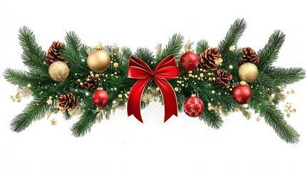 Traditional garland with fir branches red silver baubles rustic style. Banner