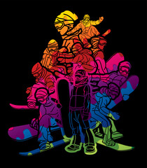 Group of Extreme Sport Players Snowboard Players Snowboarder Mix Action Cartoon Graphic Vector