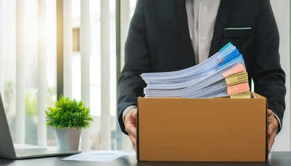 Last Day: A businessman carries a box of personal belongings, signifying the end of an era.  The image evokes a sense of bittersweet farewell. 
