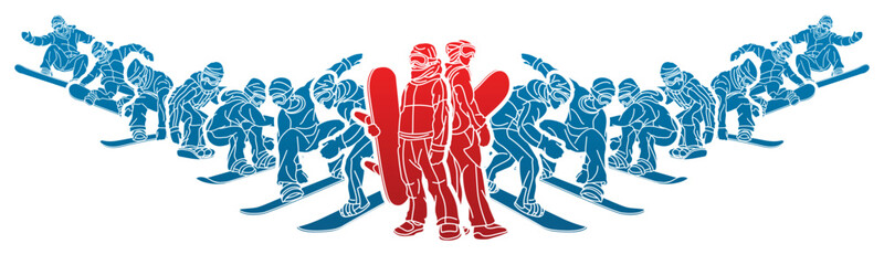 Group of Extreme Sport Players Snowboard Players Mix Action Cartoon Graphic Vector