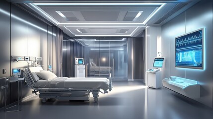 Obraz premium modern hospital room with advanced technology future of healthcare. The room features digital screens medical devices virtual assistant for providing patients personalized care diagnostics.