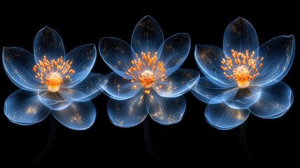 transparent flower. a striking depiction of three translucent a flower against a black background. The flower exhibit a delicate, ethereal quality, with soft blue petals that appear almost glass-like