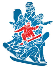 Group of Extreme Sport Players Snowboard Players Snowboarder Mix Action Cartoon Graphic Vector