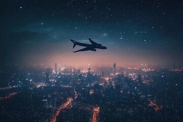Obraz premium A silhouette of an airplane flying over a vibrant city at night.