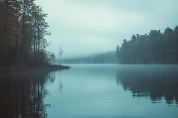 A serene lake surrounded by foggy trees and still water.