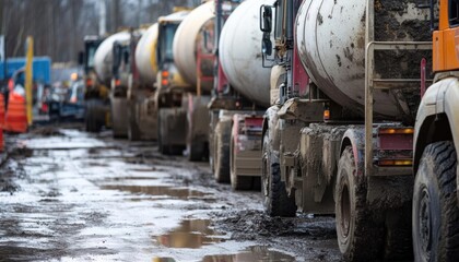 A line of concrete mixer trucks on a muddy construction site.