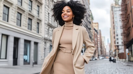 Fototapeta premium A fashionable woman in a beige coat standing on a European street with historic architecture, radiating confidence and urban elegance.