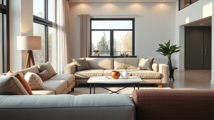Modern Living Room Sofa and Table AI Photo - Bright, Stylish Interior Design