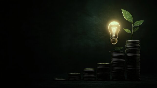 Sustainable Growth Concept with Lightbulb and Coins. Eco-friendly investment concept with a glowing light bulb growing on coin stacks, symbolizing profitable green energy solutions.