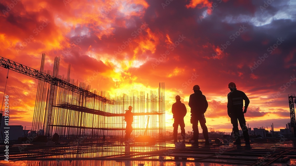 Poster workers collaborate on a construction site at sunset, showcasing silhouettes against a colorful sky 