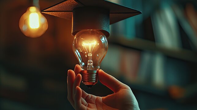A creative representation of knowledge and education featuring a hand holding a light bulb topped with a graduation cap, symbolizing innovative ideas and learning potenti