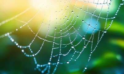 Naklejka premium A close-up of a spider web adorned with dew drops in soft sunlight.