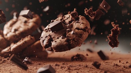 24.Several chocolate cookies suspended as if flying, with rich chocolate pieces and crumbs in motion. The playful, dynamic setup captures the energy and excitement of delicious cookies, set in a