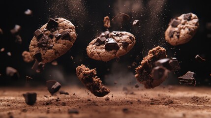 24.Several chocolate cookies suspended as if flying, with rich chocolate pieces and crumbs in motion. The playful, dynamic setup captures the energy and excitement of delicious cookies, set in a