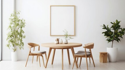 Minimalist Dining Room Interior Design: Wooden Table, Chairs, Plants, and Blank Canvas